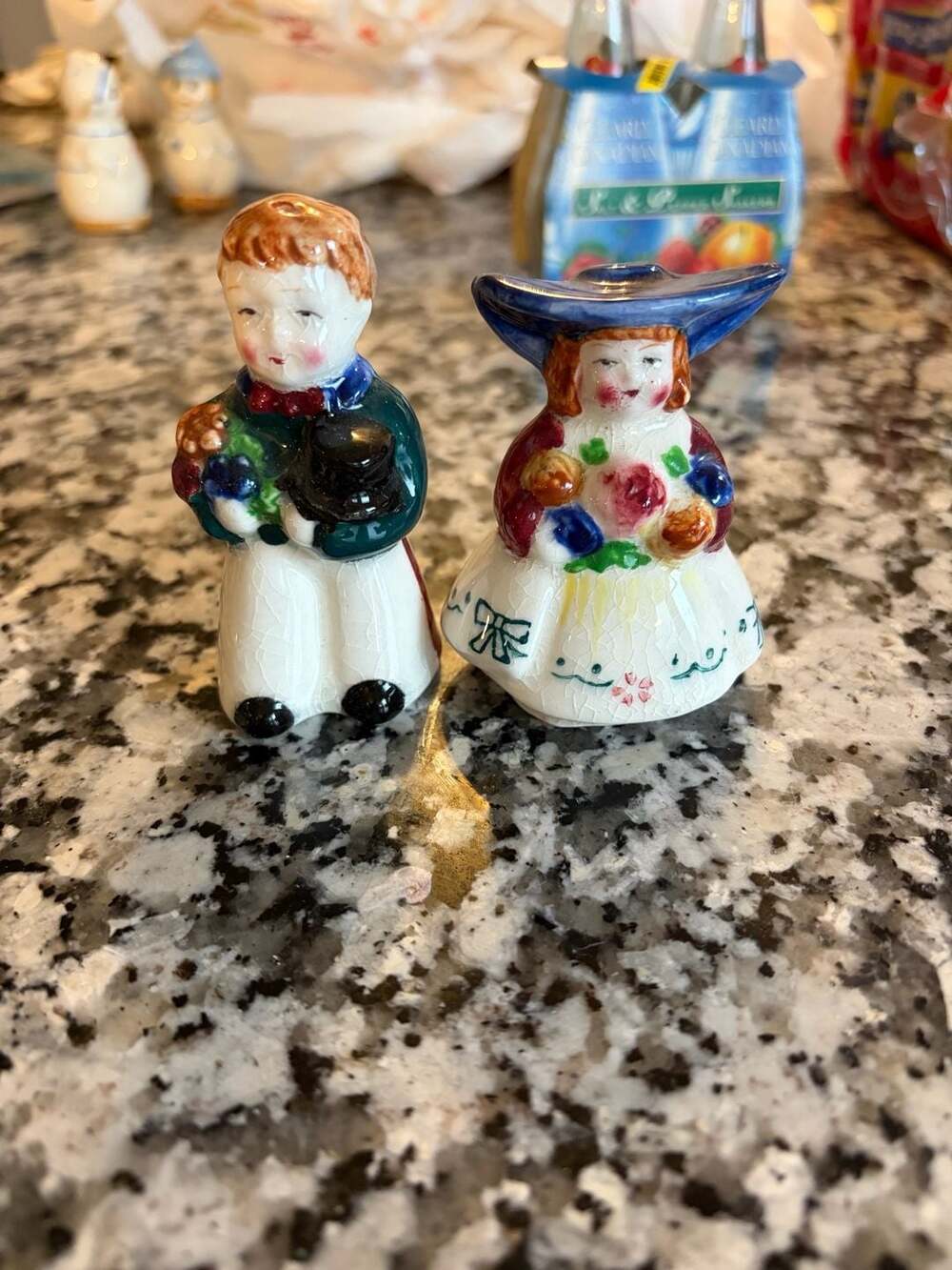 Vintage 1950s Japanese Boy and Girl Salt and Pepper Shakers with Corks